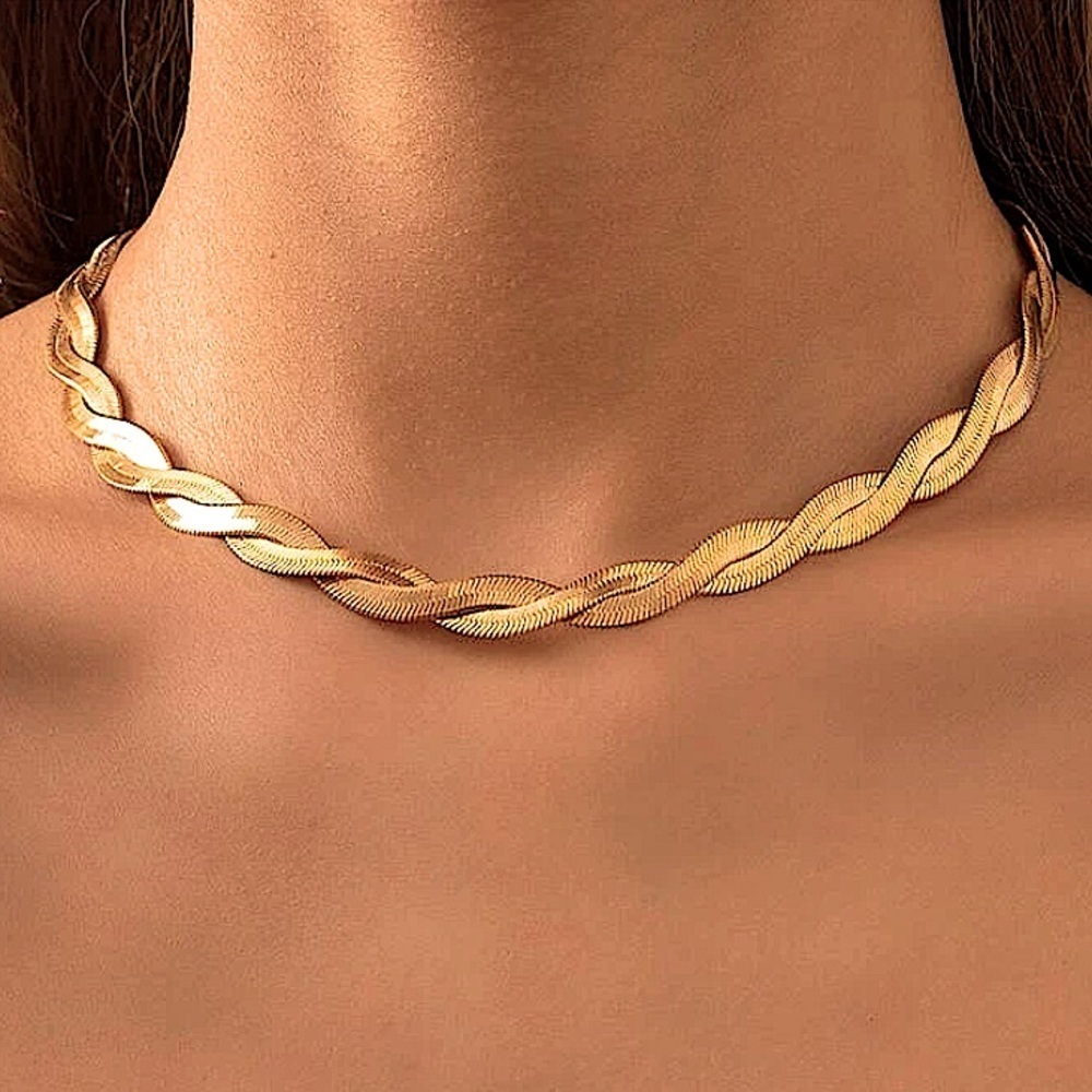 Twisted Gold Herringbone Flat Snake Choker Necklace